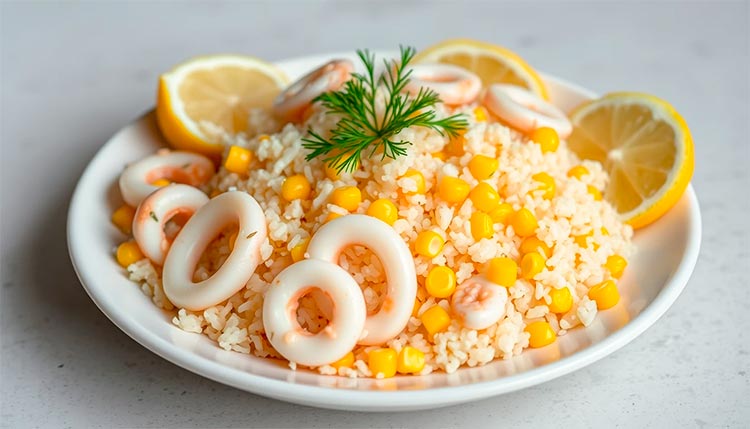 Салат из кальмара с рисом и кукурузой
